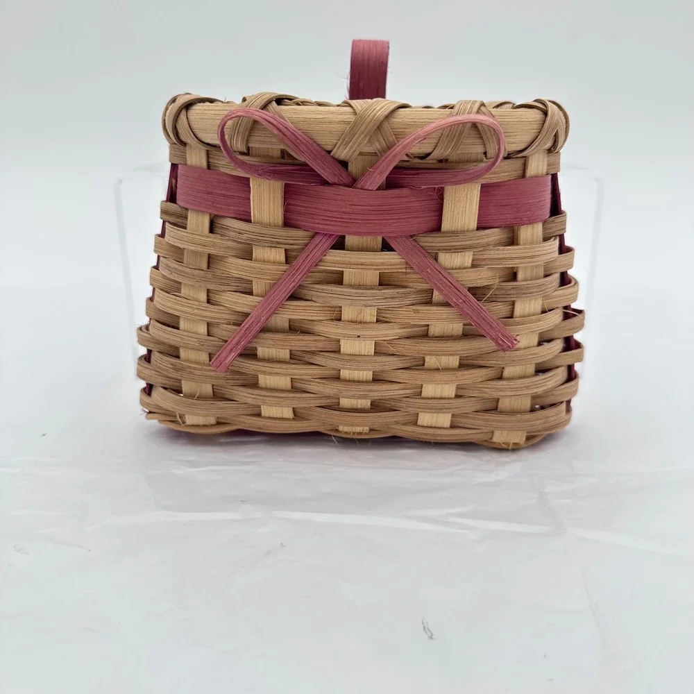 Woven Wall Basket 5x5 Small Tan Pink Bow Hanging Decor